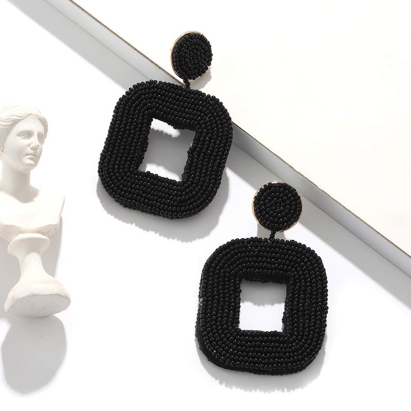 Boderier Beaded Hoop Earrings Bohemian Beaded Square Dangle Statement Earrings (Black) - Image 4